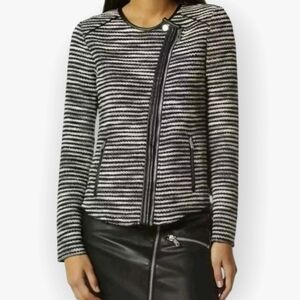 Aves Les Filles Large Sweater Asymmetrical Full Zip Black And White Stripe Tweed